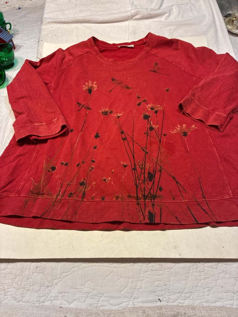 Jess & Jane Red Dragonfly Floral Print 3/4 Sleeve Tunic Top